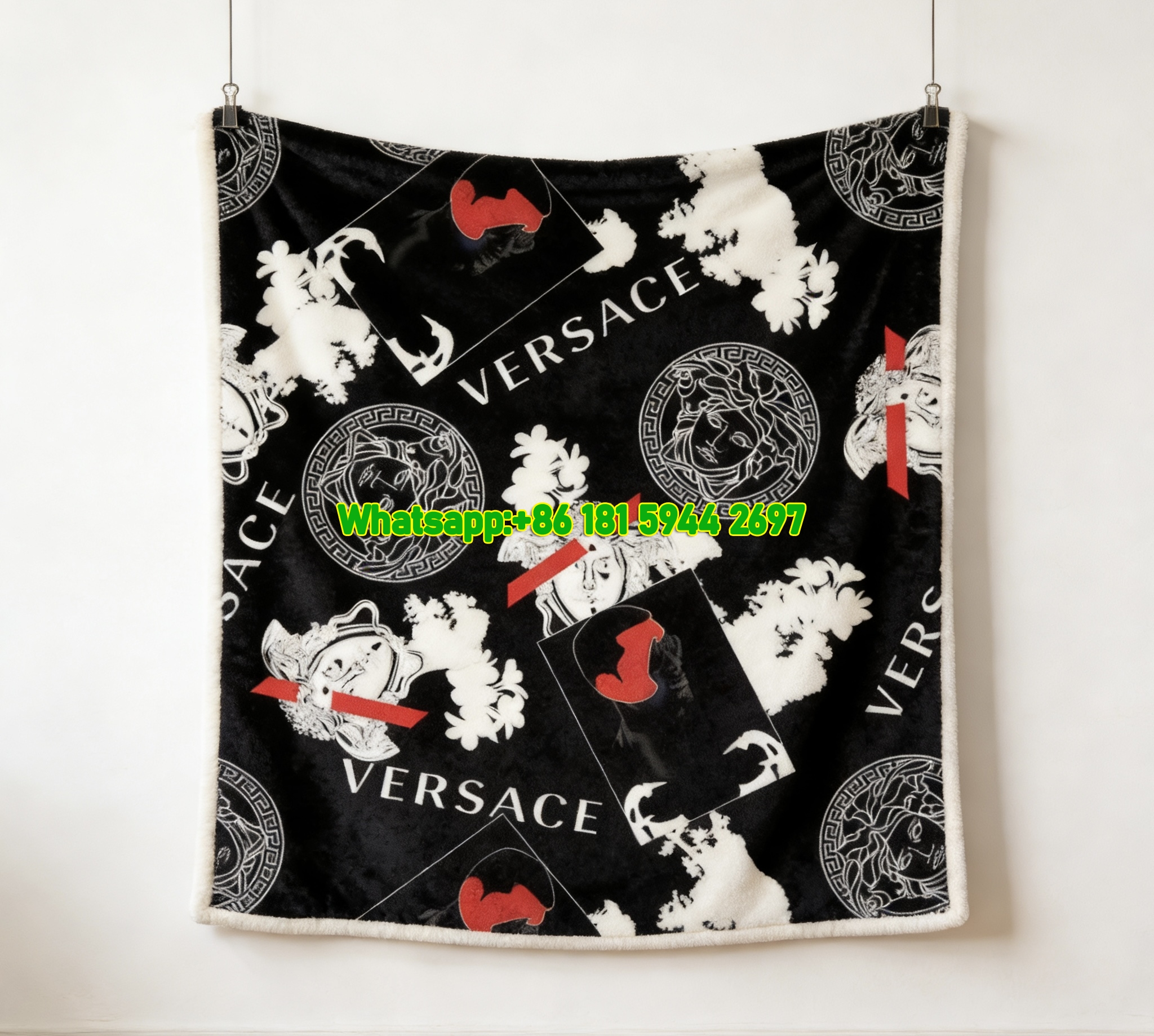 Versace Black White Red Medusa Floral Logo Print Flannel Sofa Throw Blanket IMG_1425